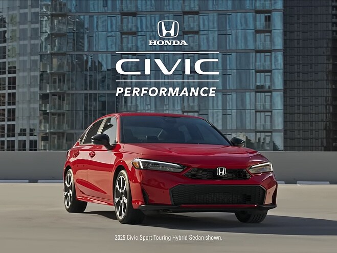 2025 Honda Civic Sedan Sport Touring Hybrid in Rallye Red front 3/4 view parked on rooftop with overlapping Civic Performance logo (Compact Sedan)